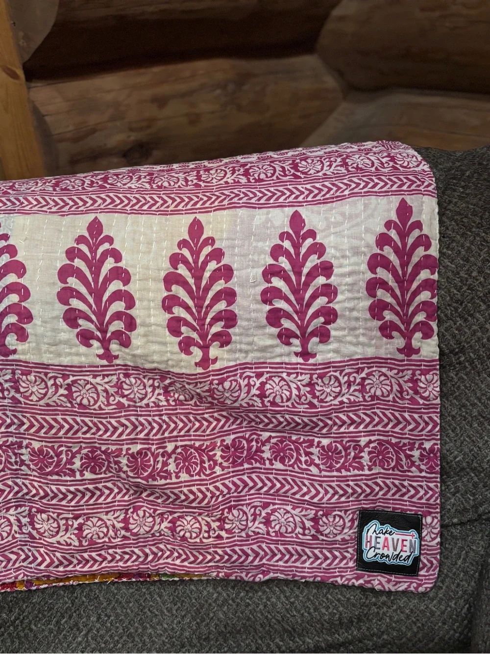 Pink and Cream Quilted Kantha Throw - Block Print Design